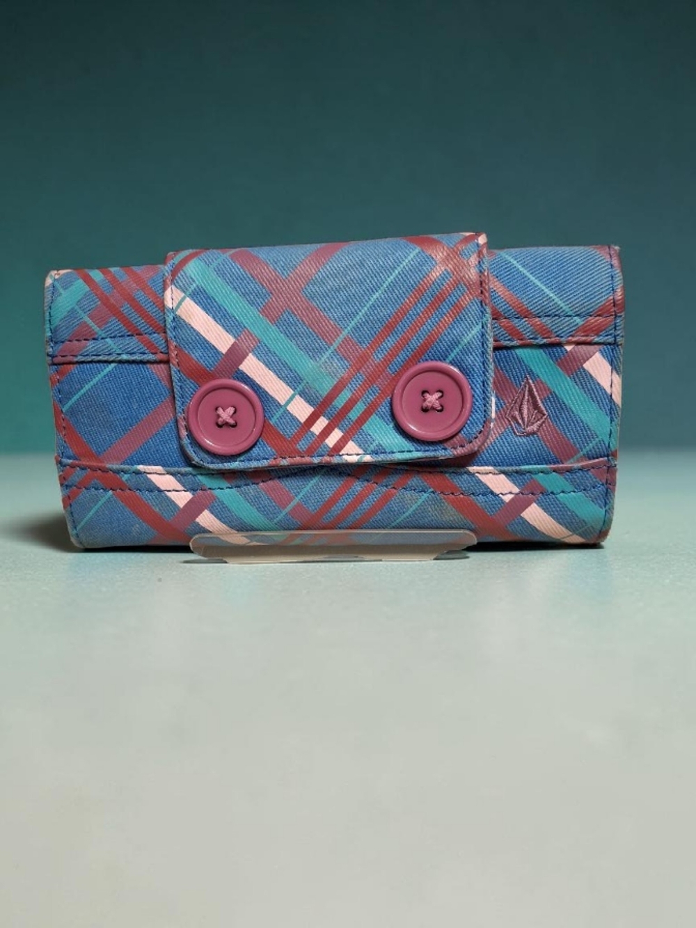 Volcom Blue Plaid Wallet with Pink Button Accents